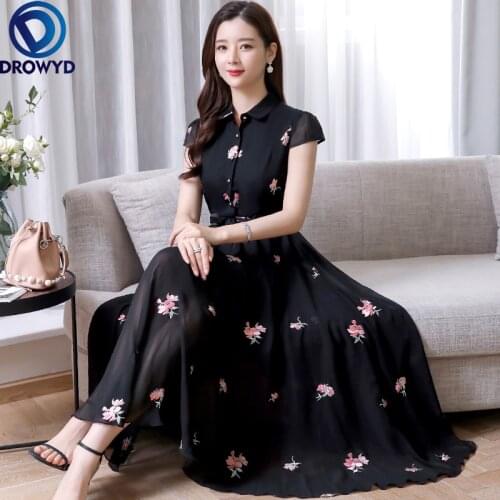 3XL Plus Size Summer Vintage Party Maxi Vestido Women Bodycon Office Lady Black Shirt Dress 2021 Floral Chiffon Boho Beach Dress