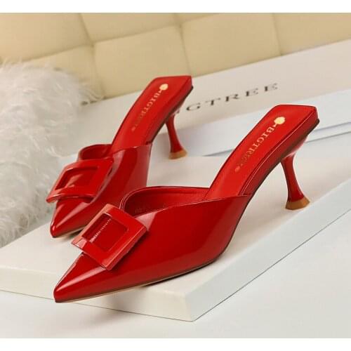 BIGTREE Women Slippers Med Heel Sandals Summer Slip On Slides Fashion Mules Sexy Pointed Toe Women Slide Buckle Outdoor Slipper