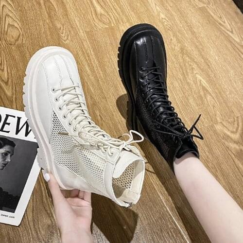 Round Head Mesh Hollow Martin Boots Woman Summer Breathable Skinny Boots Short Boots Platform Shoes Female High Top Sandals