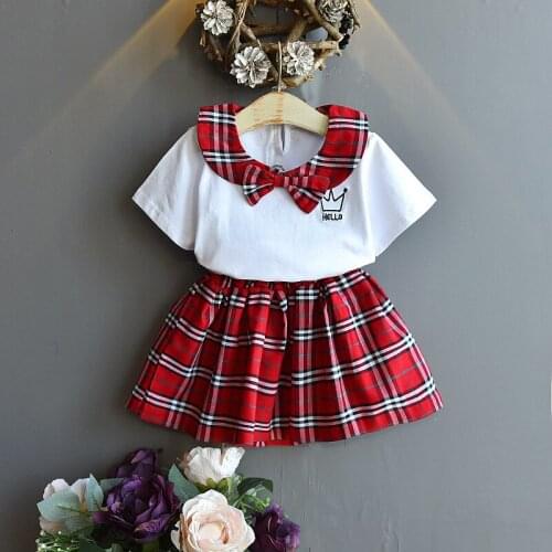 Summer College Style Baby Girls Clothes Bow Letter Short-sleeved T-shirt + Plaid Skirt 2pcs Suit Casual Childrens Clothing Sets