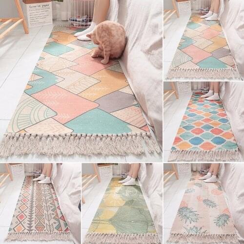 60*150cm Cotton Bedside Carpet Woven Mat Bathroom Living Room Carpets Geometric Indian Rug Bohemia Modern Printing Mat