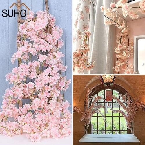 190cm Artificial Cherry Blossom Flower Vines Hanging Silk Flowers Garland for Wedding Garden Home Decor Japanese Kawaii Decor