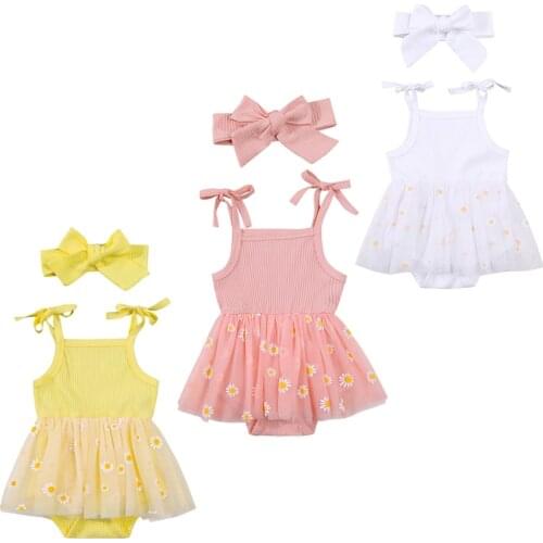2Pcs Baby Girls Summer Clothes Cute Self Tie Strap Sleeveless Daisy Printing Tutu Romper with Headband Set