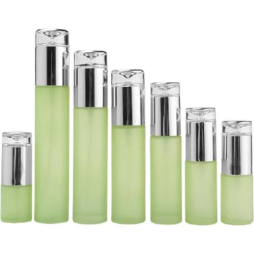 120ML 100ML 80ML 60ML40ML 30ML 20ML Empty Green Frost Glass Refillable Bottle Silver Spray Lotion Pump 30G 50G Cream Jar 8Pcs