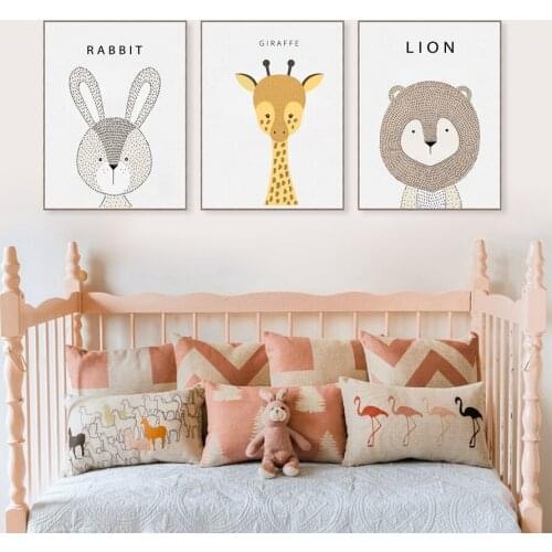 Cartoon Animal Canvas Art Print And Poster Of Rabbit Elephant Lion Giraffe Fox , Nursery Wall Art Decor Cartoon Canvas Painting