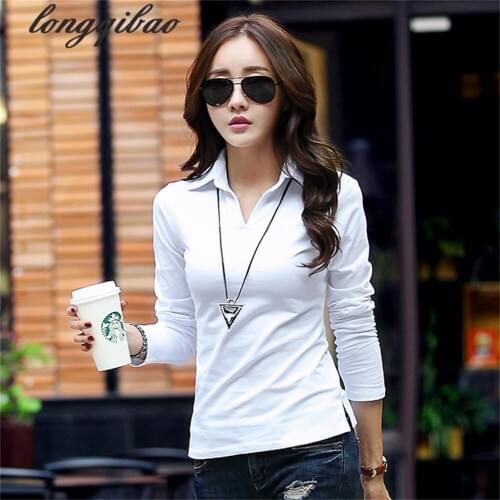 The new autumn and winter womens primer Slim thin white POLO shirt lapel student Ms. cotton long-sleeved