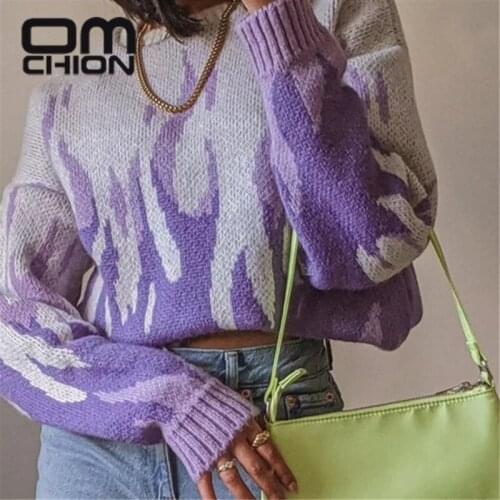 OMCHION Fashion Womens Autumn And Winter New 2021 Purple Flame Jacquard Sweater Loose Casual Korean Pullover Chic Korean Jumper