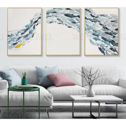 Swimming Fish Group Home Decoration Painting Animal Blue Color Tone Living Room Canvas Painting Bedroom Dining Room Wall Poster
