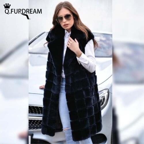 Q.FURDREAM New Womens Rex Rabbi Fur Sleeveless Vest Suit Collar High Quality Winter Thick Warm Jackets Luxury Natural Real Fur