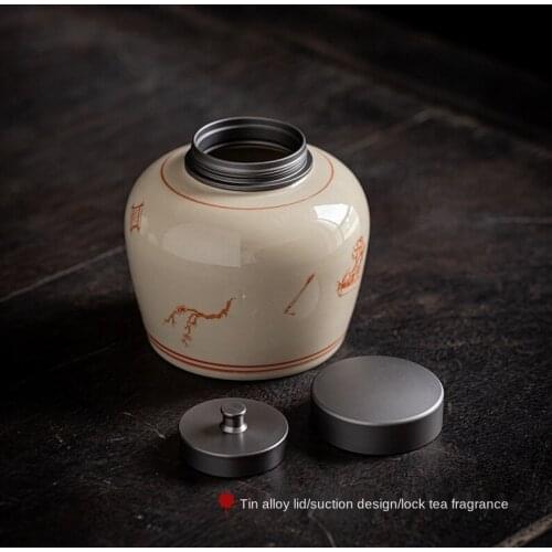 Grass and Wood Gray Glaze Tin Cover Tea Pot Japanese Large Porcelain Sealed Oolong Tea Tea Container Tea Warehouse Tea Storage