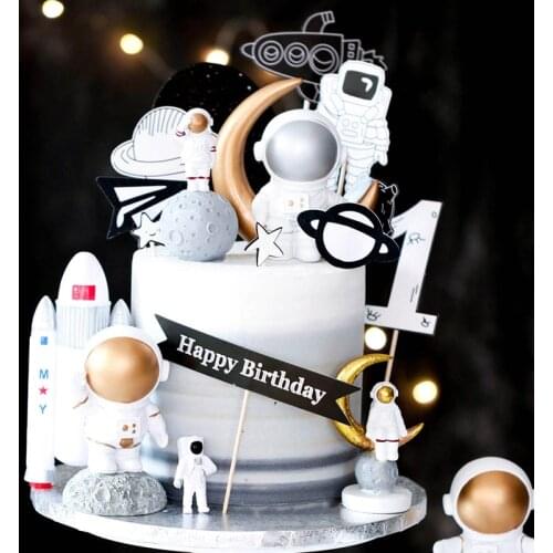 Astronaut Rocket Moon Cake Decorating 1st Happy Birthday Cake Topper Baking Dessert Decoration Cupcake Boys Party Favor Gifts