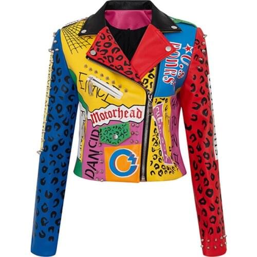 New Graffiti studs rivet beading pu leather coats Women cartoon Print Leather Jacket Punk Rock Cropped Jackets Y558