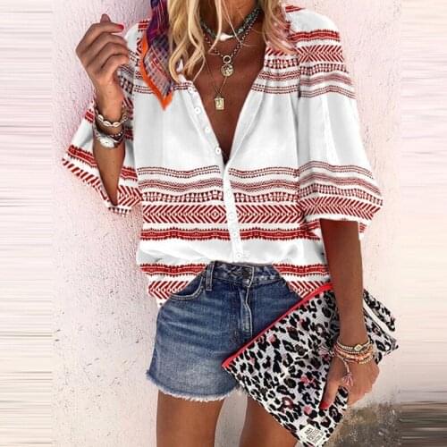 Ladies Summer Fashion New Stand Collar Single-breasted Striped Print Lantern Sleeve Shirt Top Casual Loose T-shirt New Tops