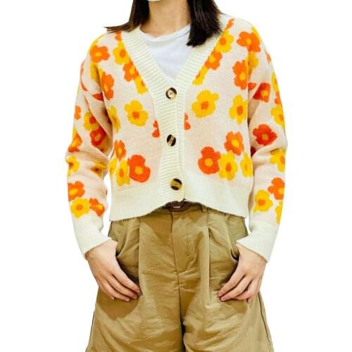 2021 New Autumn Winter Cardigan Womens Cropped Cardigan Sexy Long Sleeve Button Down Floral Print Knit Sweater One Size wear