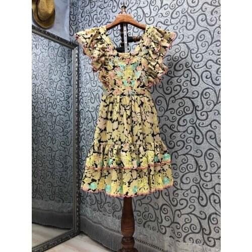 2021 Summer Fashion Style Dress High Quality Women Sweet Floral Print Embroidery Deco Sleeveless A-Line Sexy Ruffle Dress Club