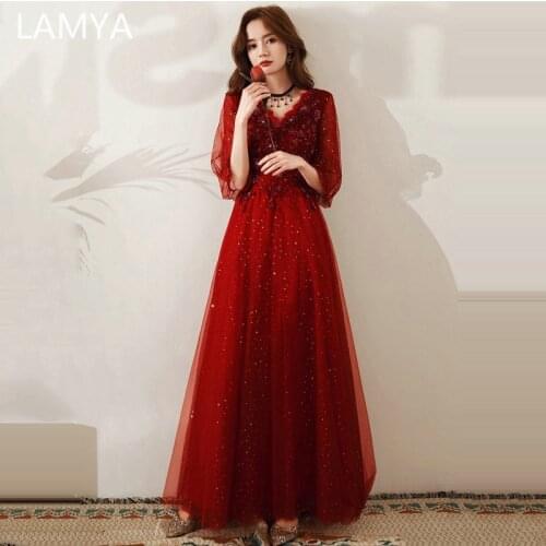 LAMYA V Neck Beadding Prom Dresses With Half Sleeve Vintage Plus Size Formal Gown Elegant Floor Length A-line Robe De Soiree