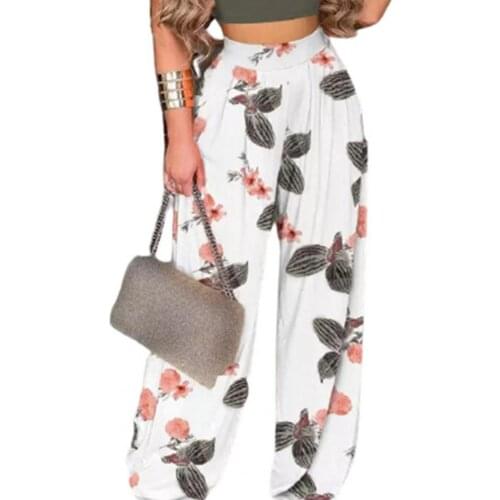 Casual Women Pants Flower Print Straight Leg Summer Autumn Loose Elastic Waist sport Pants for Sports Street wear White xxxl