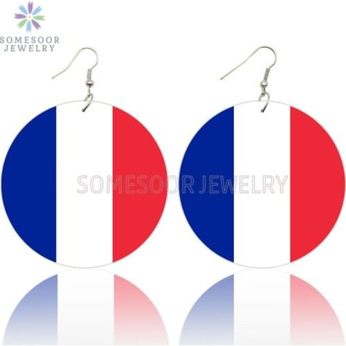 SOMESOOR French Republic Colors Wooden Drop Earrings France National Flag Design Printed Patriotic Wood Ear Loops For Women Gift