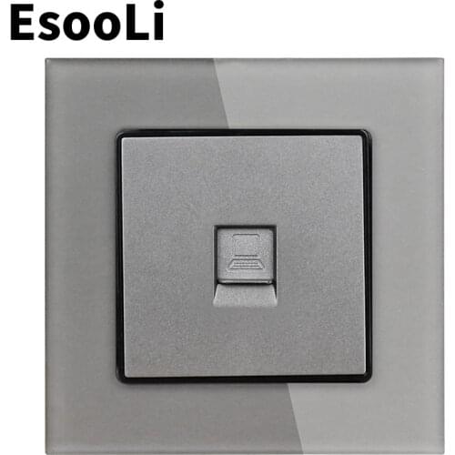EsooLi Grey Crystal Glass Panel 1 Gang RJ45 Internet Jack CAT6 Connector Computer Outlet Wall Data Socket