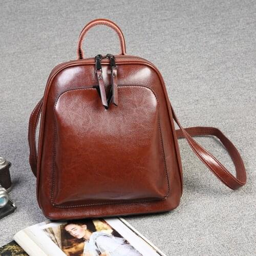 European Fashion V Brand Design Oil Wax Genuine Cow Leather Women Backpack Casual School Bag