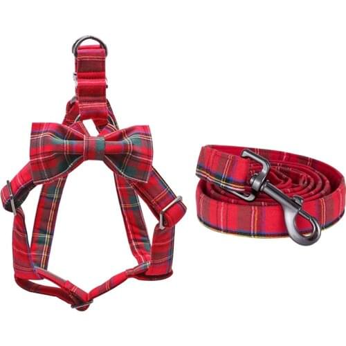 Cotton Red Plaid Christmas Dog Harness with Bowtie and Basic Dog Leash Adjustable Buckle Pet Supplies