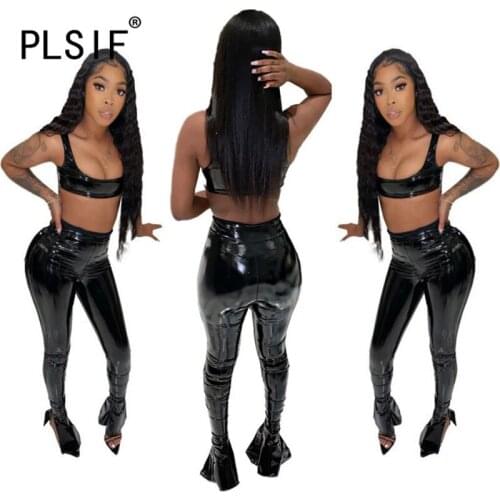 PU Leather Crop Top And Long Pant Set Black Color 2 Pieces Outfits Female Slim Matching Suit