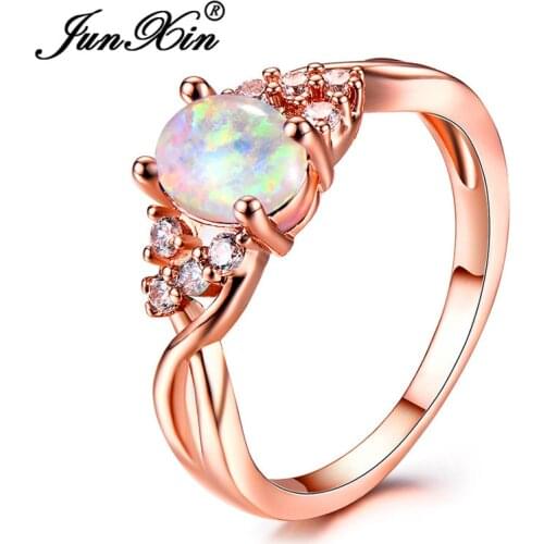 JUNXIN Luxury Female White/Purple/Blue Fire Opal Rings For Women Rose Gold Filled Zircon Oval Birthstone Crossed Ring Lover Gift