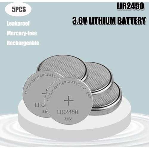 Button Cells 5PCS Li-ion Rechargeable Battery LIR2450 3.6V Lithium Coin Cell Batteries LIR 2450 Replaces CR2450