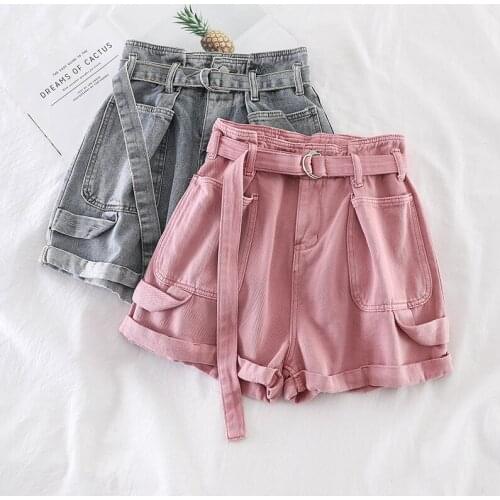 Summer High Waist Denim Shorts New 2020 Women Casual Loose Curling Blue Short Shorts Ladies Fashion With Belt Jeans Short