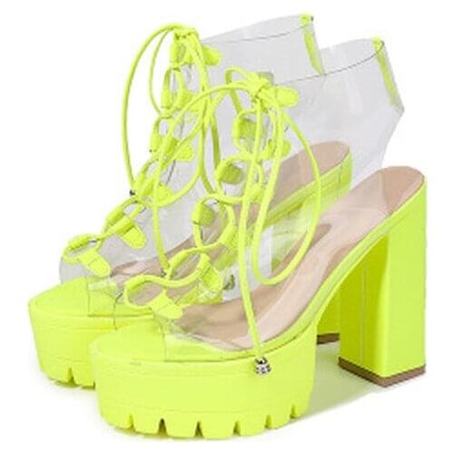 2021 Fashion Large Size Cool Boots Bandage Peep Toe Womens Boots Candy Transparent Square Heel Sexy Lace Up 3 Colors Avaliable