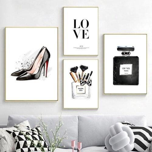 Fashion Vogue Poster Perfume Bottle Wall Painting High Heel Canvas Print Black White Posters Coco Wall Picture Living Room Decor