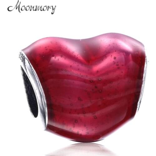 Moonmory New Arrival Red Heart Shaped 925 Sterling Silver Charm With Fuschia Enamel Fit Brand Bracelet DIY Silver Bead Christmas