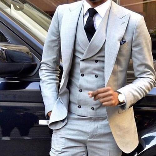 2019 Custom Made Casual Men Light Grey Suits Fashion Formal Dress Wedding Men Wedding Suits Groom Tuxedos(Jacket+Pants+Vest)