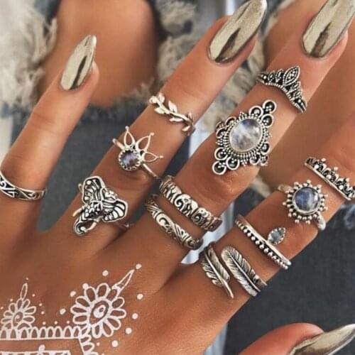 Bohemian Jewelry Rings Set for Women Stone Rings Set for Girls Anillos Mujer Flower Bague Slytherin Accessories Valentines Day