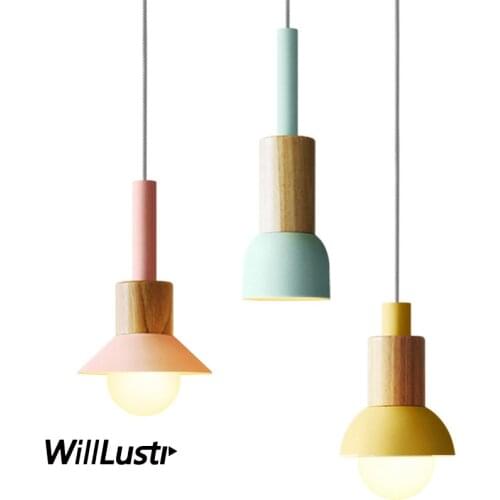 Nordic Macaron Pendant Lamp Iron Wood Hotel Restaurant Sitting Dining Room Bedroom Pink Green Yellow Hanging Suspension Lighting