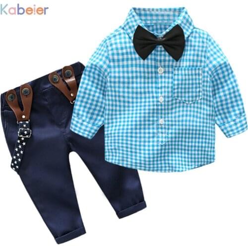 Baby Boys Clothes Speing Autumn Infant Toddler Clothing Set Cotton White&Sky Blue Plaid Shirt + Belt Pants 2 PCS Children Outfit