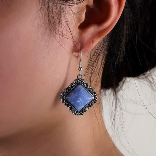 Wholesale New European American Style Exaggerated Geometric Rhombus Lace Earrings Retro Inlaid Edging Blue Turquoise Earrings