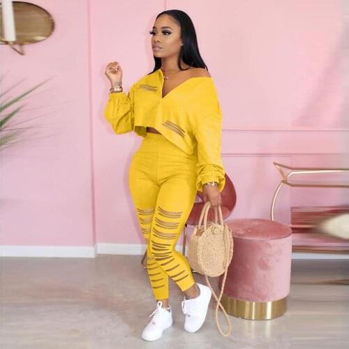 Casual Autumn two piece set women Tracksuits Long Sleeve Crop Top + Pants hollow Out Sportsuit Outfit Colthes For Women