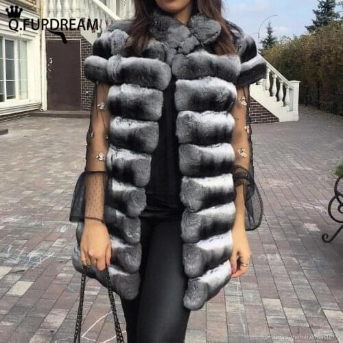 Q.FURDREAM 2020 Luxurious Stand Coollar Rex Rabbit Fur Whole Skin Chinchilla Color Winter Thick Warm Jackets Genuine Rex Rabbit