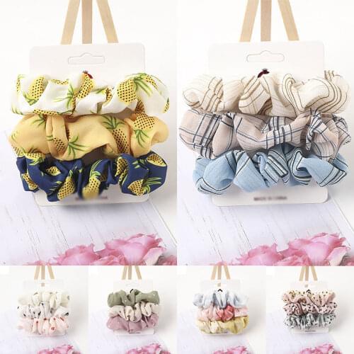3PC Pineapple Printed Scrunchie Elastic Hair Band Hair Ties Girls Cute Elastic Ponytail Holder White Pink Yellow Headwear