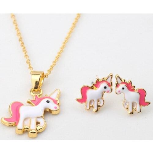 Cartoon Horse Unicorn Necklace Earring Unicorn Sets For Girls Best Gifts Gold Silver Color Animal Jewelry Set Children Jewelry
