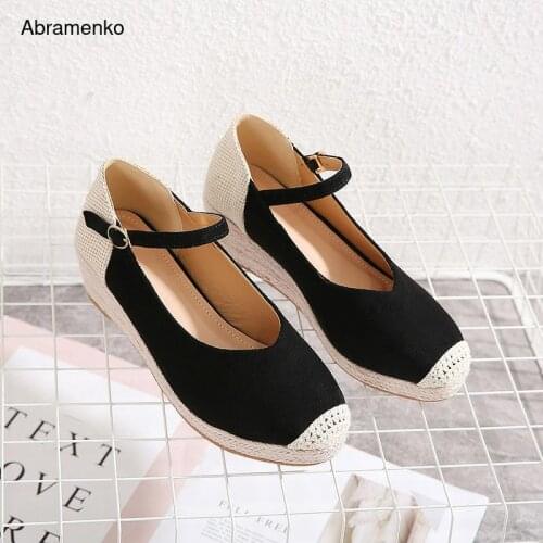 Summer Sandals Women Ladies Retro Linen Canvas Wedge Round Toe Casual Flat Sandals For Girls Singles Black Shoes Size 35-41