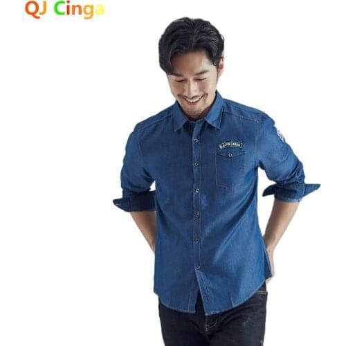 Blue Denim Shirt Mens Single Breasted Square Neck Long Sleeved Cowboy Shirts Fashion Slim Fit Top Camisa 3xl