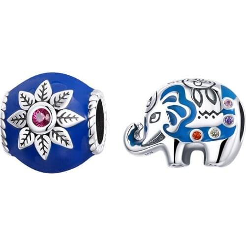 Disiniya Blue Enamel SilverLotus Bead Colorful Budding Elephant 925 Sterling Silver Charm for Original Bracelet Bangle SCC1821