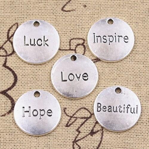 15pcs Charms Plates Love Luck Inspire Beautiful Hope 20x20mm Antique Silver Color Pendants DIY Making Findings Tibetan Jewelry