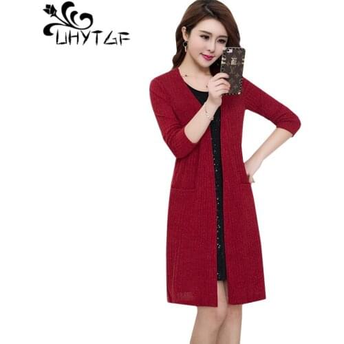 UHYTGF New fashion knit cardigan Female spring autumn coat Medium long outside take ice silk loose womens jacket Plus size 1258