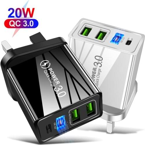 3 Ports Quick Charge 3.0 Universal 20W USB Type C Fast Charger Power Adapter For iPhone 12 Samsung Xiaomi Phone PD USB Charger