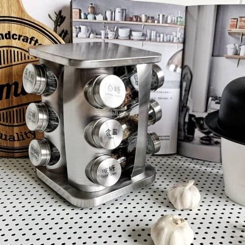Rotating spice organizer rack stainless steel seasoning glass jars kitchen supplies set kitchen storage container glass bottle