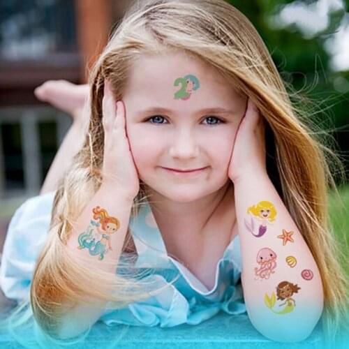 Temporary Tattoo Sticker Cartoon Mermaid Cute Animals Hand Body Arm Art Fake Tattoos Children 10pcs