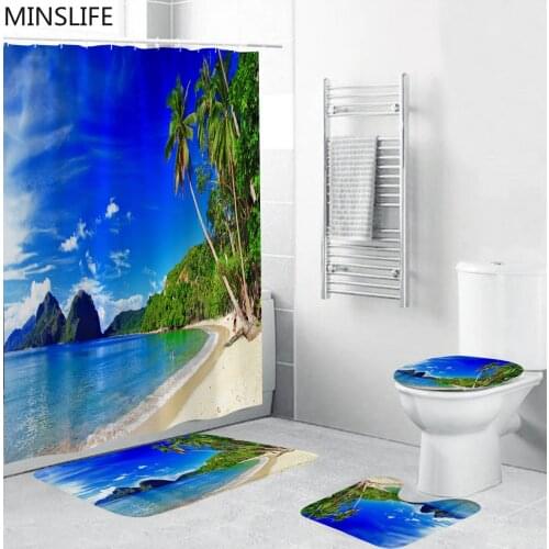 High Quality Sunny Beach Shower Curtain Set Bath Mats Rugs Modern Fabric Bathroom Curtains Scenery Toilet Cover Anti-slip Carpet